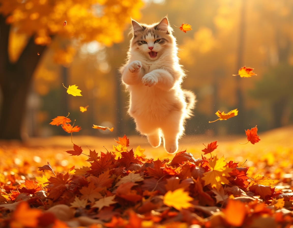 Cat jumps joyfully into a pile of autumn leaves, scattering vibrant colors and radiating playful energy.